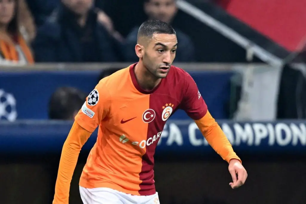 Morocco's international football player Hakim Ziyech wearing the Galatasaray jersey