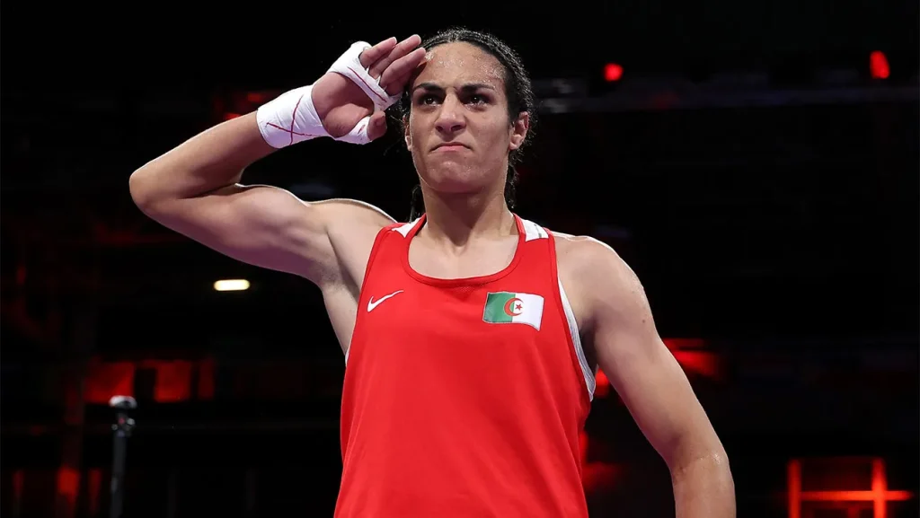 Algerian Boxer Imane Khelif saluting the audience in the ring